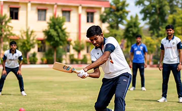 Students playing cricket on a college sports ground